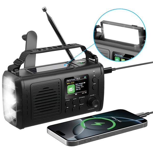 1852 Nödradio DAB+/FM med Bluetooth, vev, solpanel och powerbank – 10 000 mAh