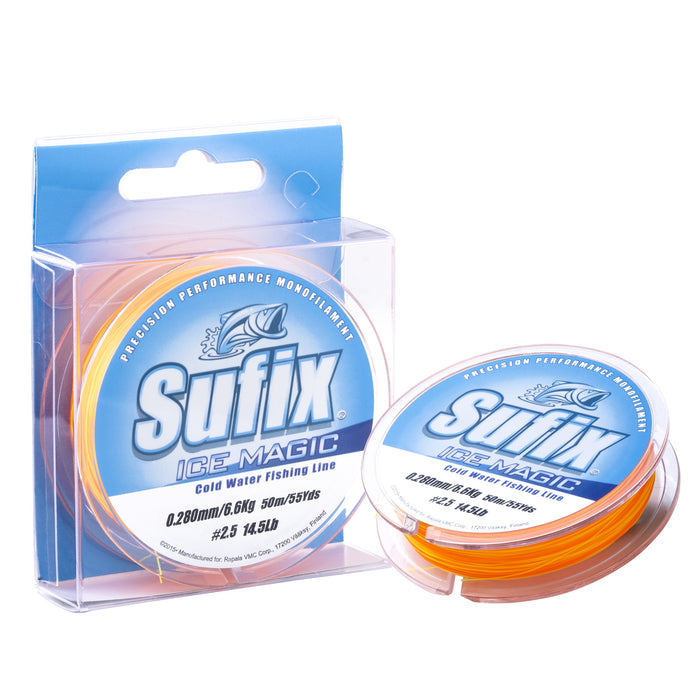 Sufix Ice Magic 50 m 0,135 mm monofillina för isfiske, färg Neon Gul/Orange