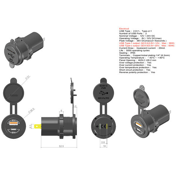 1852 USB-uttag USB-A och USB-C med 1m kabel, 12/24V, bild 4
