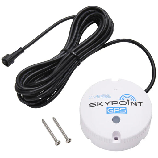 Hydra Skypoint extern GPS-antenn och kompassmodul, vit rund modul med svart kabel och två skruvar