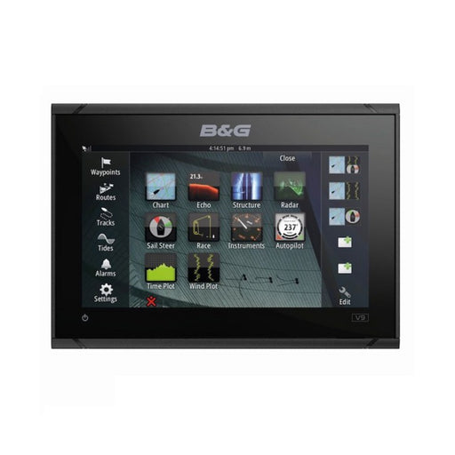 B&G Vulcan 9 (000-13214-001) – display sedd framifrån med startskärm och app-ikoner