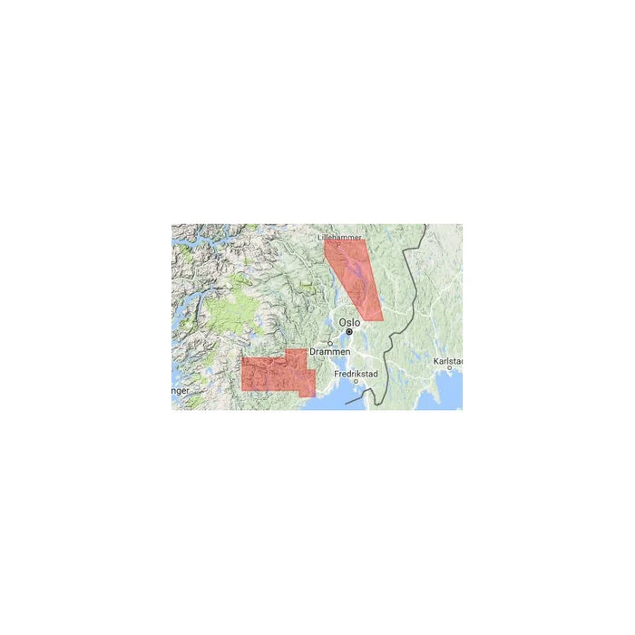 C-MAP MAX Norwegian Inland Waters (M-EN-M586-MS) – karta över täckningsområdet med Mjøsa mellan Lillehammer och Oslo samt sjöarna i Telemark