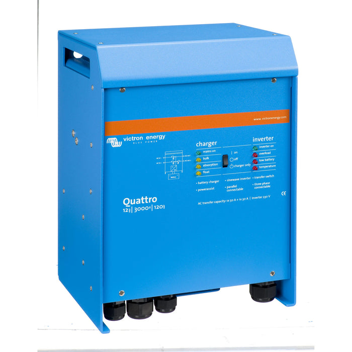 Victron Energy Quattro 12/3000/120-50/50 växelriktare och laddare, sedd framifrån