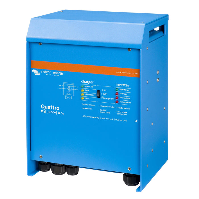 Victron Energy Quattro 12/3000/120-50/50 växelriktare och laddare, sedd framifrån