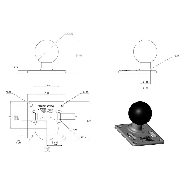 RAM Mounts VESA-platta 75x75mm med Kula (D-kula), bild 2