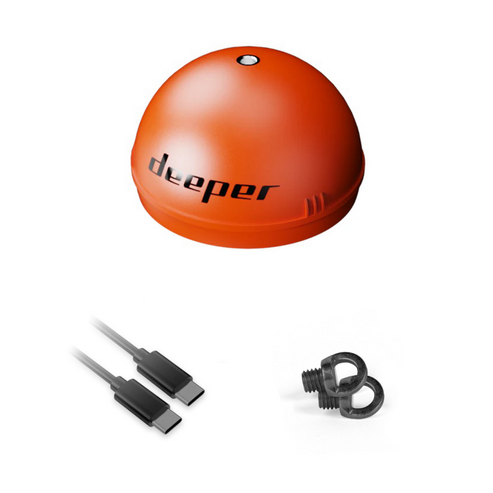 Orange lock, två USB-C-kablar och fästskruvar till Deeper CHIRP+ 4