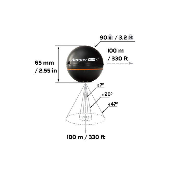 Måttskiss för Deeper PRO+ 2 med diameter 65 mm, vikt 90 g, räckvidd 100 m och strålvinklar 7, 20 och 47 grader