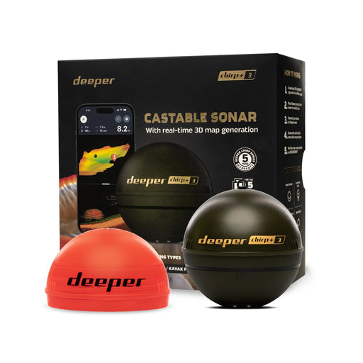 Deeper CHIRP+ 3 ekolod framför sin förpackning med orange lock
