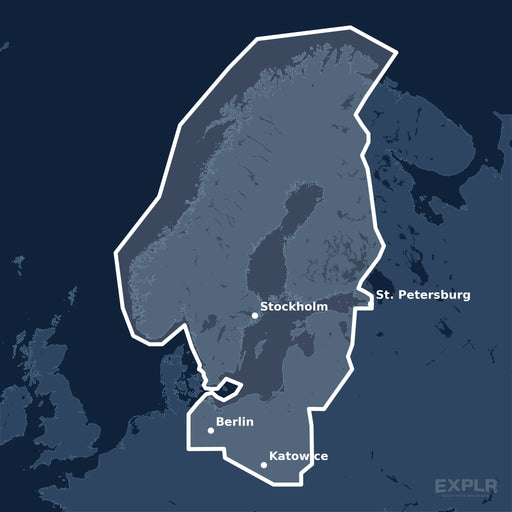 Kvadratisk översiktskarta över täckningsområdet för C-MAP 4D Baltic Sea Continental (M-EN-D055-MS) med orter som St. Petersburg, Berlin och Katowice utmärkta.