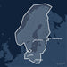 Kvadratisk översiktskarta över täckningsområdet för C-MAP 4D Baltic Sea Continental (M-EN-D055-MS) med orter som St. Petersburg, Berlin och Katowice utmärkta.