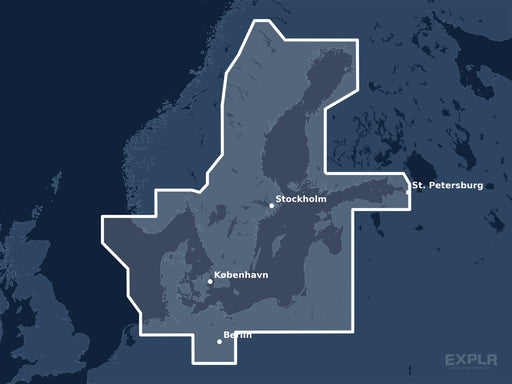 Täckningskarta för sjökortet C-MAP 4D Baltic Sea and Denmark (M-EN-D299-MS): det vita markerade området visar vilka vatten kortet omfattar, bland annat kring St. Petersburg, Berlin och Stockholm.