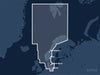 Täckningskarta för sjökortet C-MAP 4D North Sea and Denmark (M-EN-D300-MS): det vita markerade området visar vilka vatten kortet omfattar, bland annat kring Berlin, København och Oslo.