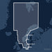 Kvadratisk översiktskarta över täckningsområdet för C-MAP 4D North Sea and Denmark (M-EN-D300-MS) med orter som Berlin, København och Oslo utmärkta.