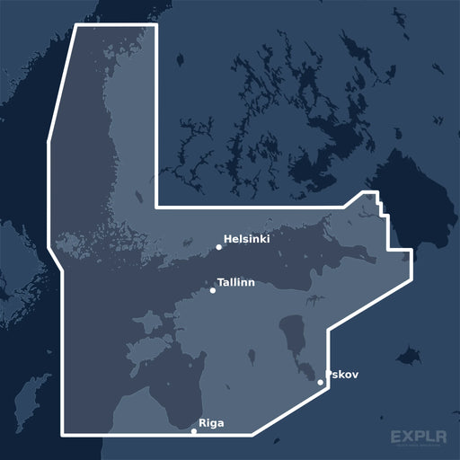 Kvadratisk översiktskarta över täckningsområdet för C-MAP 4D Gulf of Finland & Åland Archipelago (M-EN-D309-MS) med orter som St. Petersburg, Helsinki och Riga utmärkta.