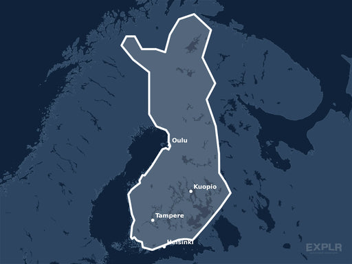 Täckningskarta för sjökortet C-MAP 4D Finland Lakes Local (M-EN-D325-MS): det vita markerade området visar vilka vatten kortet omfattar, bland annat kring Helsinki, Tampere och Oulu.