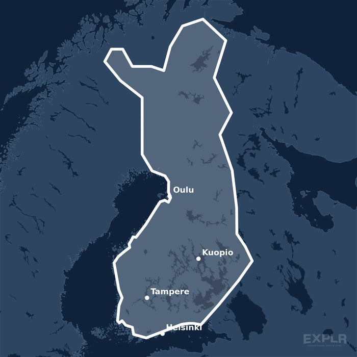 Kvadratisk översiktskarta över täckningsområdet för C-MAP 4D Finland Lakes Local (M-EN-D325-MS) med orter som Helsinki, Tampere och Oulu utmärkta.