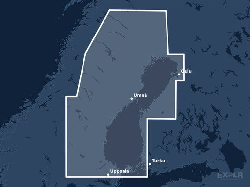 Täckningskarta för sjökortet C-MAP 4D Gulf of Bothnia (M-EN-D340-MS): det vita markerade området visar vilka vatten kortet omfattar, bland annat kring Turku, Oulu och Uppsala.