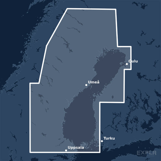 Kvadratisk översiktskarta över täckningsområdet för C-MAP 4D Gulf of Bothnia (M-EN-D340-MS) med orter som Turku, Oulu och Uppsala utmärkta.
