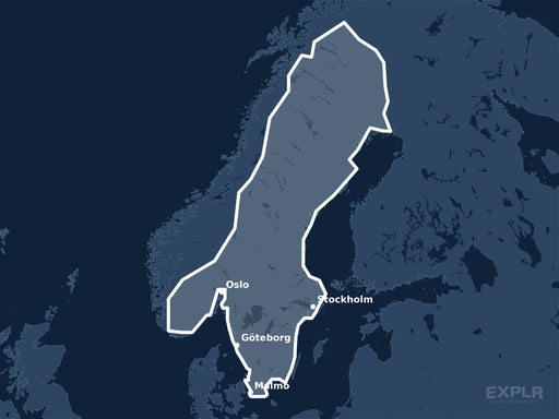 Täckningskarta för sjökortet C-MAP 4D Scandinavia Inland Waters (M-EN-D590-MS): det vita markerade området visar vilka vatten kortet omfattar, bland annat kring Stockholm, Oslo och Göteborg.