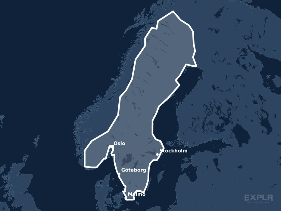 Täckningskarta för sjökortet C-MAP 4D Scandinavia Inland Waters (M-EN-D590-MS): det vita markerade området visar vilka vatten kortet omfattar, bland annat kring Stockholm, Oslo och Göteborg.