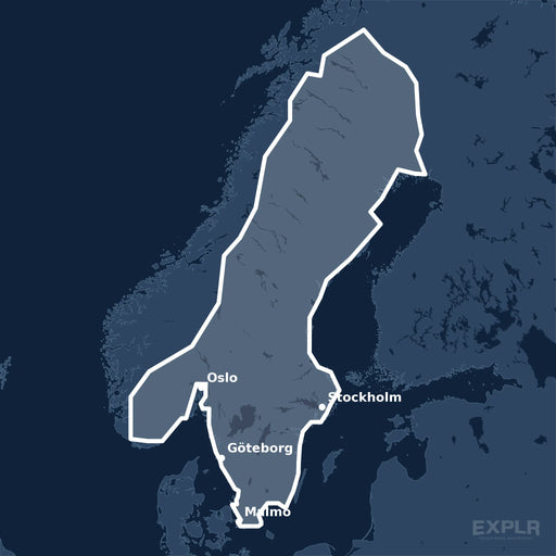 Kvadratisk översiktskarta över täckningsområdet för C-MAP 4D Scandinavia Inland Waters (M-EN-D590-MS) med orter som Stockholm, Oslo och Göteborg utmärkta.