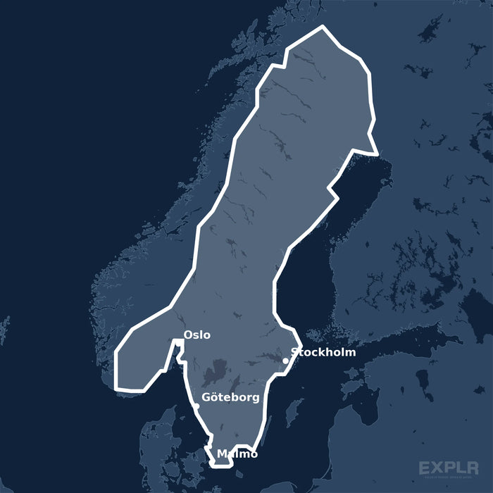 Kvadratisk översiktskarta över täckningsområdet för C-MAP 4D Scandinavia Inland Waters (M-EN-D590-MS) med orter som Stockholm, Oslo och Göteborg utmärkta.