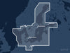 Täckningskarta för sjökortet C-MAP MAX Baltic Sea and Denmark (M-EN-M299-MS): det vita markerade området visar vilka vatten kortet omfattar, bland annat kring Berlin, Stockholm och Helsinki.