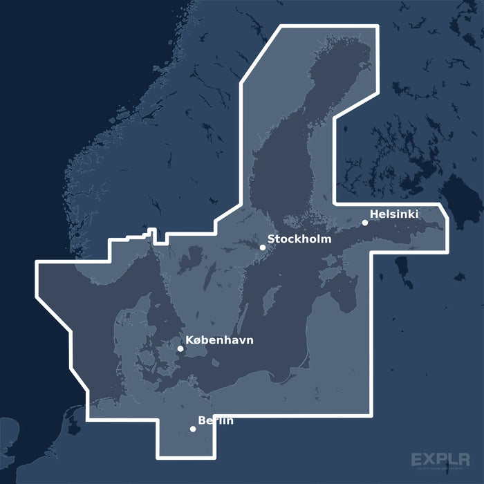 Kvadratisk översiktskarta över täckningsområdet för C-MAP MAX Baltic Sea and Denmark (M-EN-M299-MS) med orter som Berlin, Stockholm och Helsinki utmärkta.