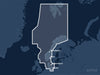 Täckningskarta för sjökortet C-MAP MAX North Sea and Denmark (M-EN-M300-MS): det vita markerade området visar vilka vatten kortet omfattar, bland annat kring Berlin, København och Oslo.