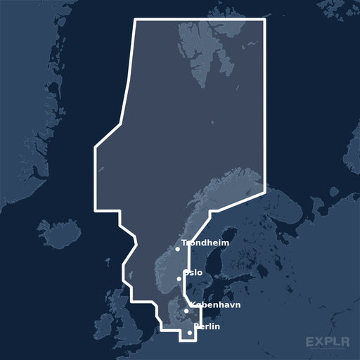 Kvadratisk översiktskarta över täckningsområdet för C-MAP MAX North Sea and Denmark (M-EN-M300-MS) med orter som Berlin, København och Oslo utmärkta.
