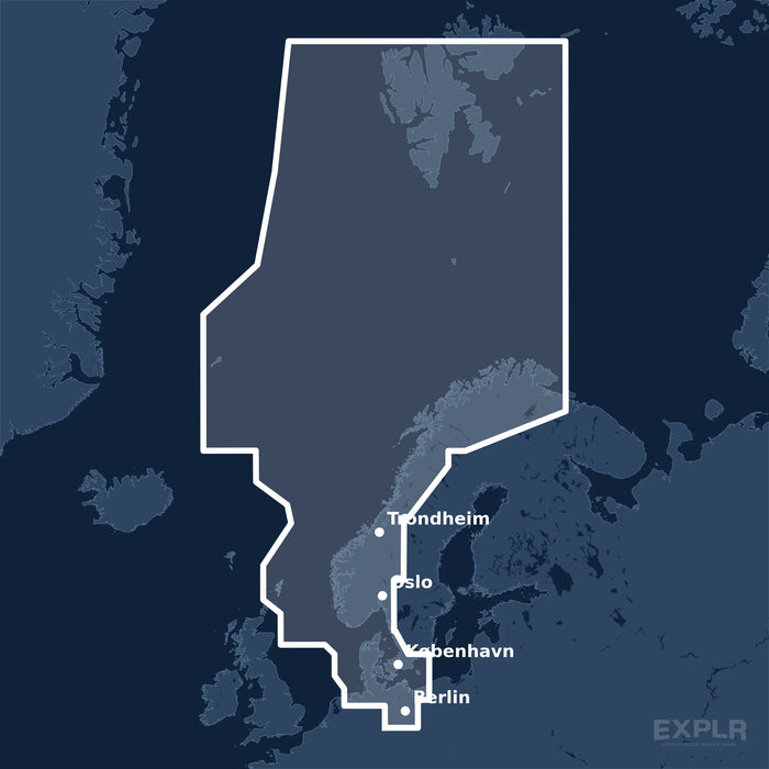 Kvadratisk översiktskarta över täckningsområdet för C-MAP MAX North Sea and Denmark (M-EN-M300-MS) med orter som Berlin, København och Oslo utmärkta.
