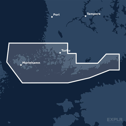 Kvadratisk översiktskarta över täckningsområdet för C-MAP MAX Gulf of Finland West (M-EN-M309-MS) med orter som Turku, Mariehamn och Hämeenlinna utmärkta.