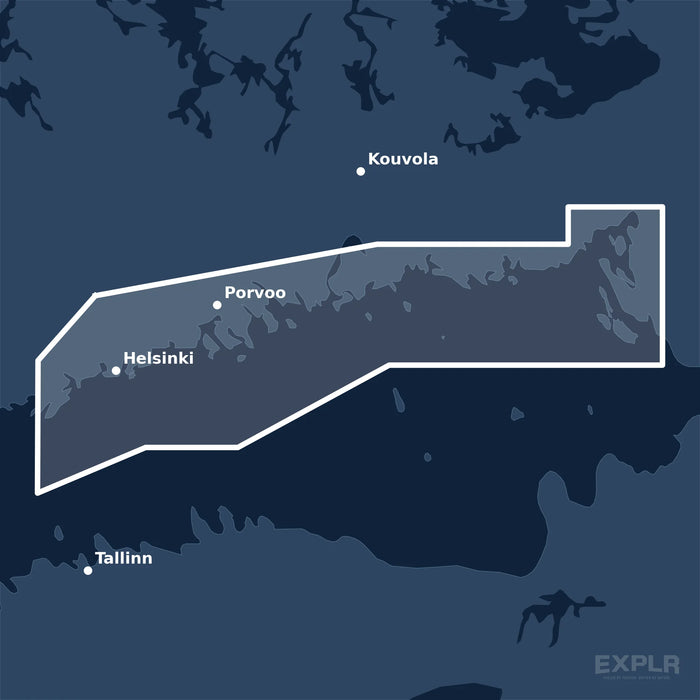 Kvadratisk översiktskarta över täckningsområdet för C-MAP MAX Gulf of Finland Central (M-EN-M310-MS) med orter som Helsinki, Kouvola och Porvoo utmärkta.