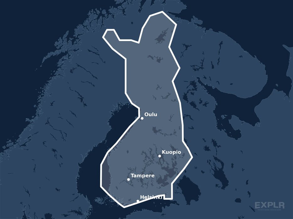Täckningskarta för sjökortet C-MAP MAX Finland Lakes (M-EN-M326-MS): det vita markerade området visar vilka vatten kortet omfattar, bland annat kring Helsinki, Tampere och Oulu.