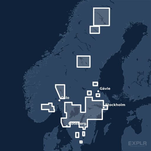 Kvadratisk översiktskarta över täckningsområdet för C-MAP MAX Scandinavia Inland Waters (M-EN-M590-MS) med orter som Stockholm, Oslo och Göteborg utmärkta.