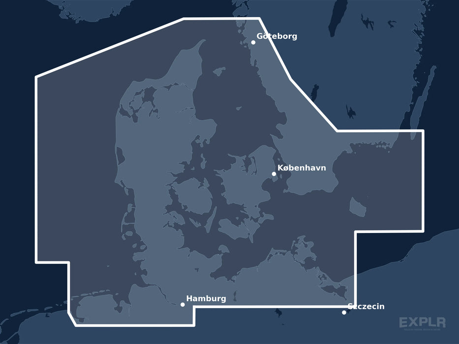 Täckningskarta för sjökortet C-MAP DISCOVER Karlskrona to Emden (M-EN-Y205-MS): det vita markerade området visar vilka vatten kortet omfattar, bland annat kring Hamburg, København och Göteborg.