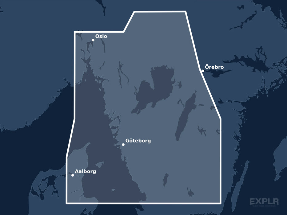 Täckningskarta för sjökortet C-MAP DISCOVER Torekov to Larvik (M-EN-Y206-MS): det vita markerade området visar vilka vatten kortet omfattar, bland annat kring Oslo, Göteborg och Aalborg.