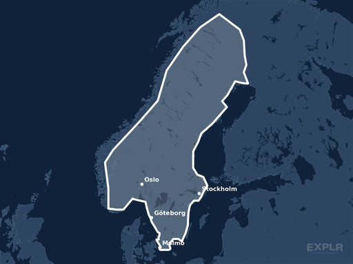 Täckningskarta för sjökortet C-MAP DISCOVER Scandinavia Inland Waters (M-EN-Y210-MS): det vita markerade området visar vilka vatten kortet omfattar, bland annat kring Stockholm, Oslo och Göteborg.