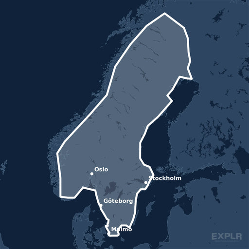 Kvadratisk översiktskarta över täckningsområdet för C-MAP DISCOVER Scandinavia Inland Waters (M-EN-Y210-MS) med orter som Stockholm, Oslo och Göteborg utmärkta.