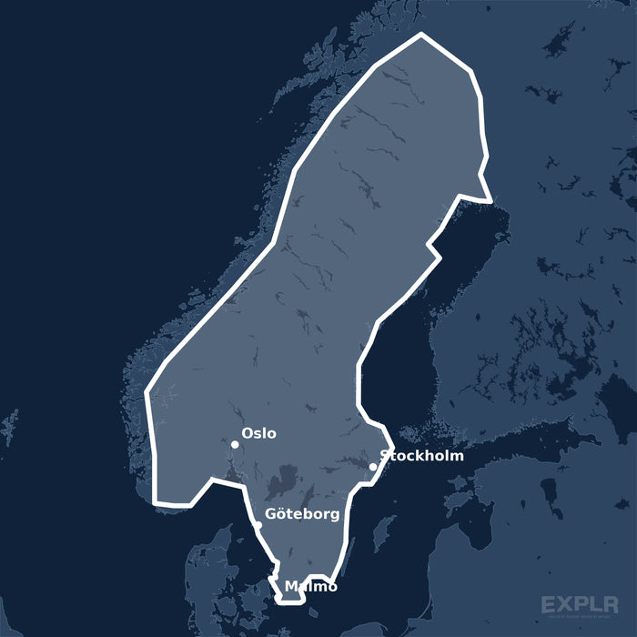 Kvadratisk översiktskarta över täckningsområdet för C-MAP DISCOVER Scandinavia Inland Waters (M-EN-Y210-MS) med orter som Stockholm, Oslo och Göteborg utmärkta.