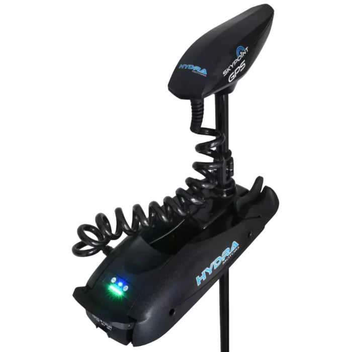Hydra Skypoint 24V elmotor snett framifrån med GPS-huvud, spiralkabel och lysande lysdioder