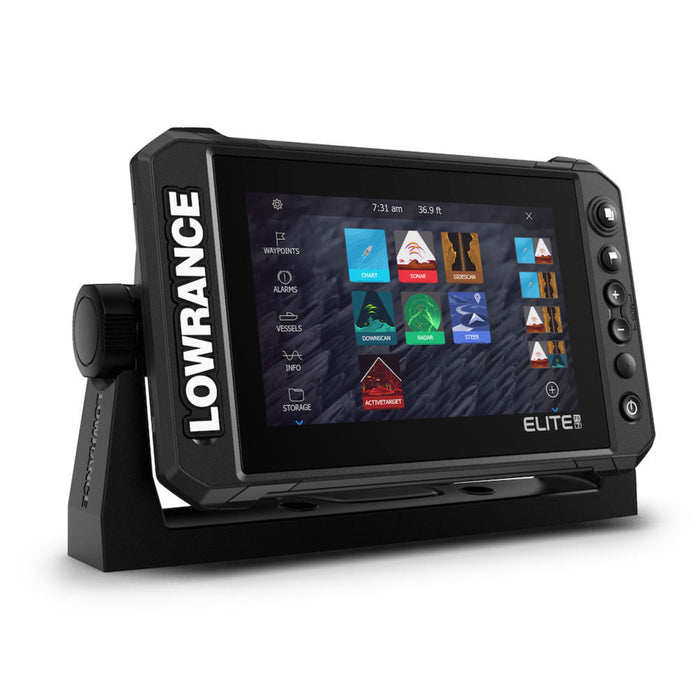 Lowrance Elite FS 7 med HDI-ekolodsgivare (000-15697-001) – display sedd snett framifrån med startskärm och app-ikoner