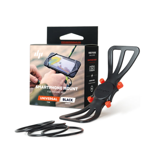 Deeper Smartphone Mount, mobilfäste i svart silikon med orange krokar, förpackning och gummiringar